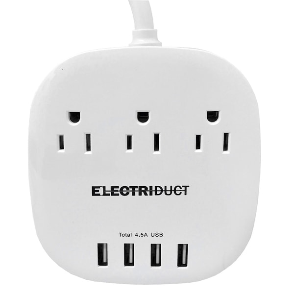 Electriduct Portable Power Strip- 4.5 Amp- 3 Outlets/4 USB- 1M Cord- White PDU-T4.5A-3P-4U-WT - main